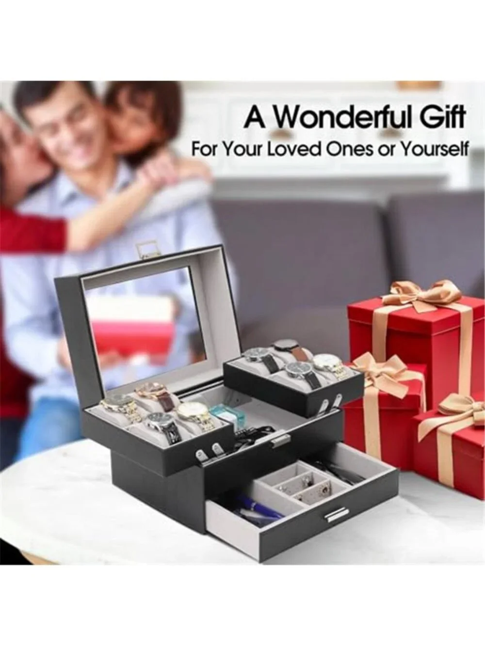 Watch Box, Watch Case for Men, 8 Slot Watch Display Case, 3 Layers Large
